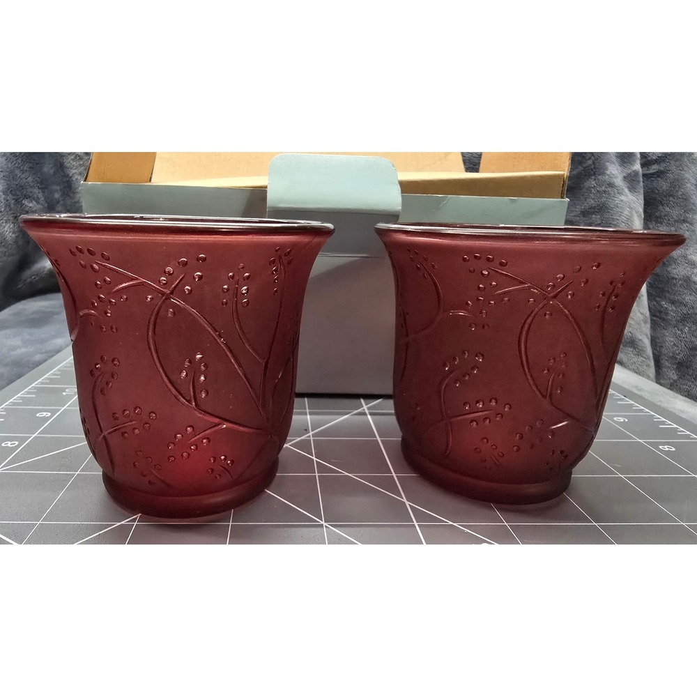 PartyLite Berry Sprig Votive Pair P8727 Frosted Burgundy Glass Candle Holders